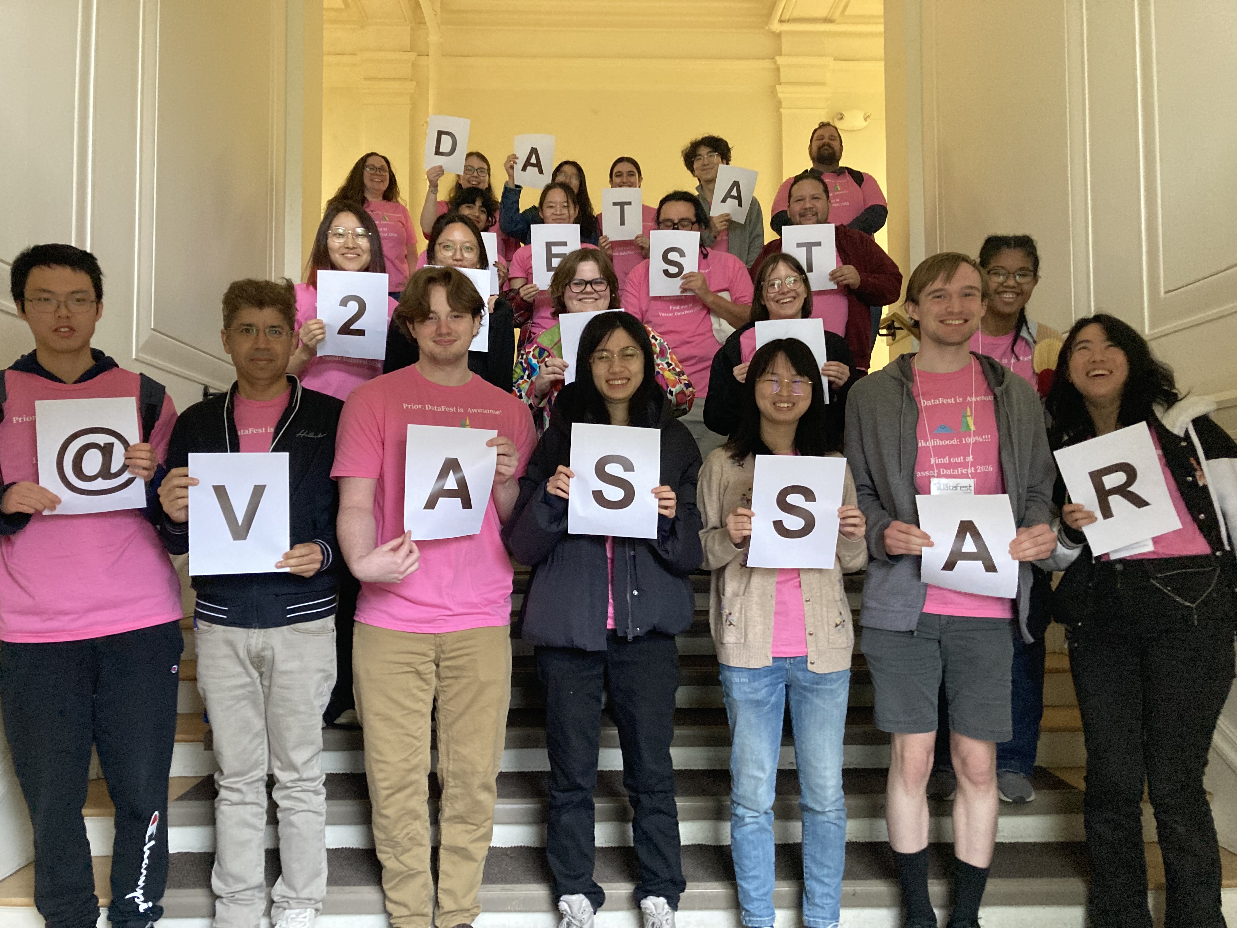 DataFest Group Photo of people holding sign that spells out 'Datafest 2026 @ Vassar'